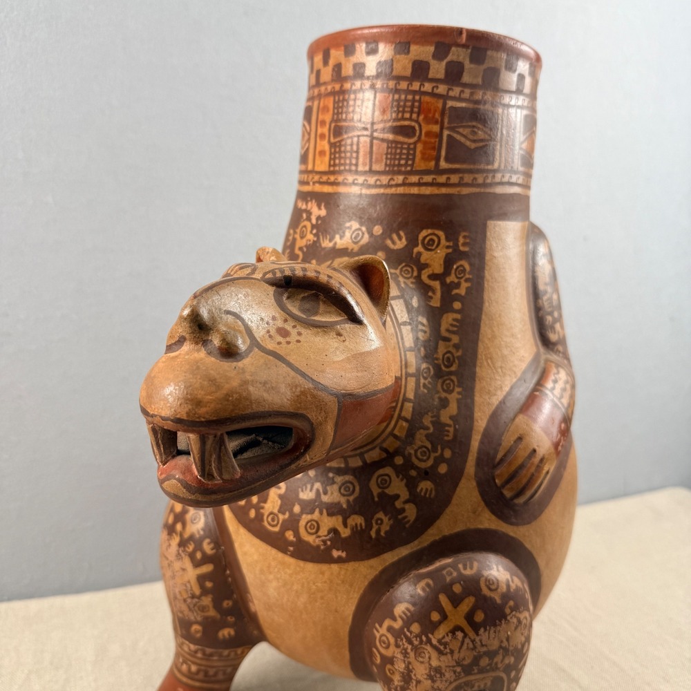 Vintage Pre-Columbian Style Polychrome Jaguar Effigy Tripod Vessel Costa Rica